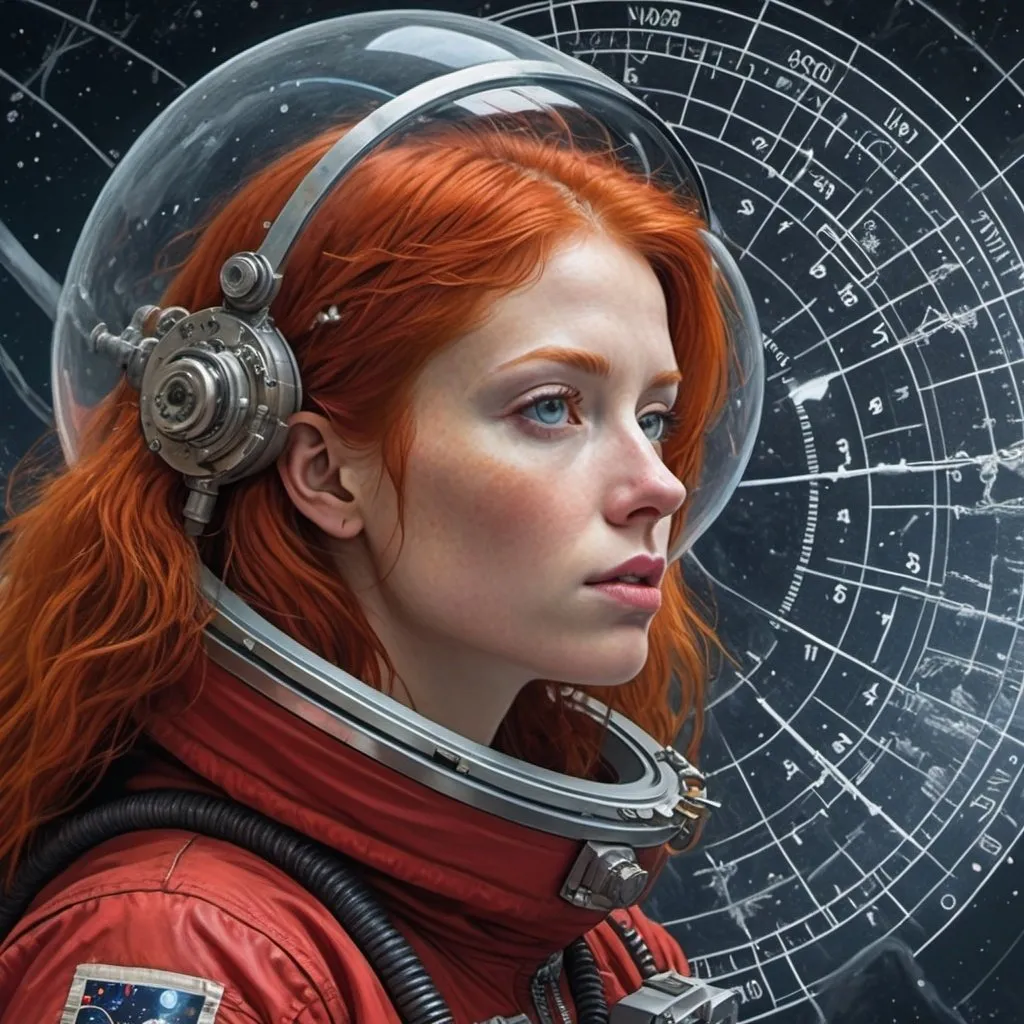 Prompt: an image of a red head in
space, in the style of scientific
diagrams, realist detail,
neo-geo, clockpunk, panoramic
scale, depictions of inclement
weather, calculated
