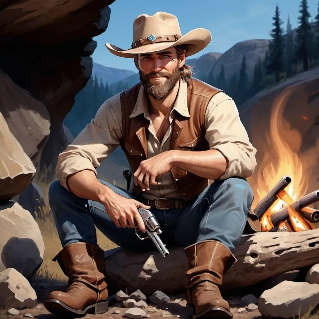 Prompt: Fantasy character, a gunslinger with a brown cowboy hat, a charming smile, a beautiful beard, deep blue eyes, full body. He is sitting near a campfire, back against a rock, his arm resting on his knees. He has a gun on one hand