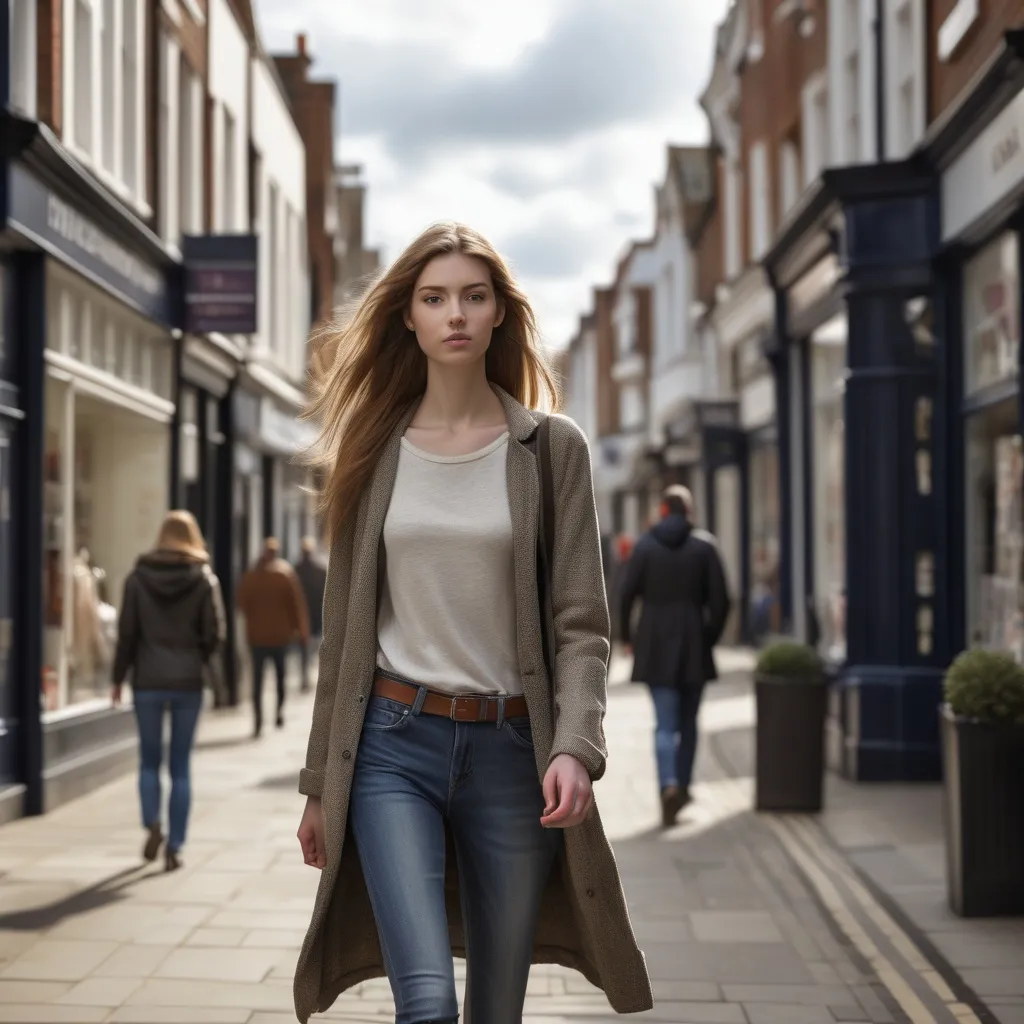 Prompt: Tall young woman walking down the high street, detailed clothing, realistic, natural lighting