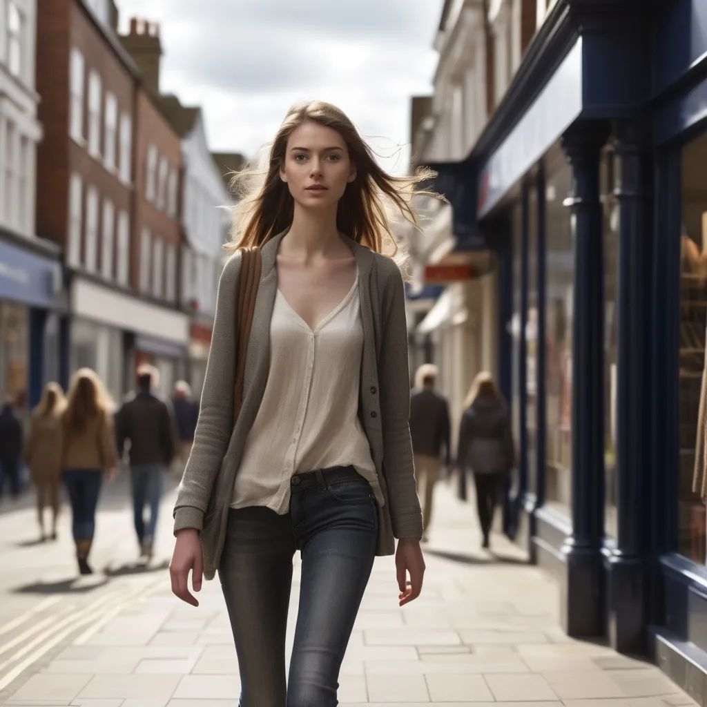 Prompt: Tall young woman walking down the high street, detailed clothing, realistic, natural lighting