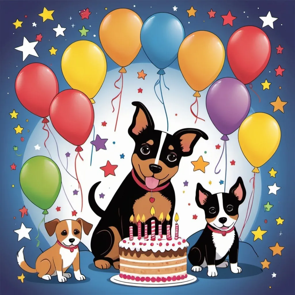 Prompt: birthday card for a 12 year old girl with cute dogs, stars and balloons and cake to print
