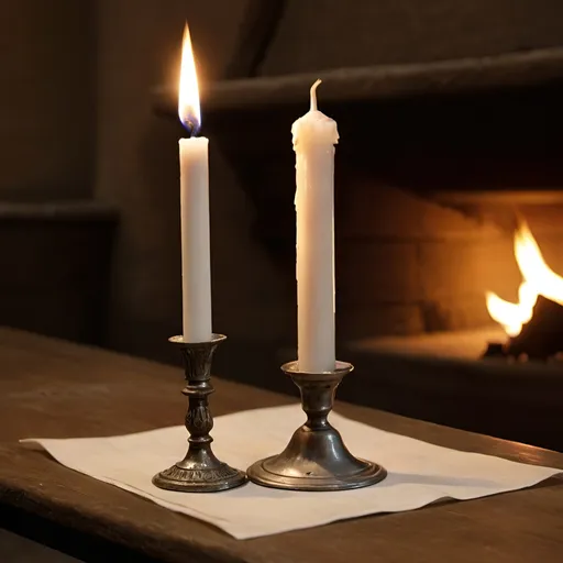 Prompt: a white candle from the 14th century sitting on a table burning with a flame