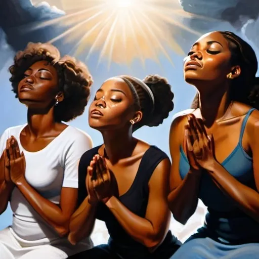 Prompt: painting of black women looking up to  heaven praying to God kneeling on their knees with soft ambient lighting outside