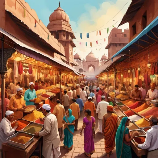 Prompt: Vibrant, detailed illustration of a bustling Indian marketplace, rich cultural diversity, intricate architectural details, high quality, digital painting, warm and vibrant color palette, lively atmosphere, traditional Indian attire, ornate decorations, food stalls with aromatic spices, colorful textiles, bustling crowds, diverse cultural representation, detailed artwork, professional, dynamic lighting