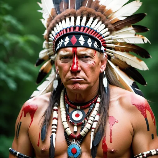 Prompt: Trump dressed as American Indian warrior w Mohawk and piercings ready for war looking 70 covered in blood











