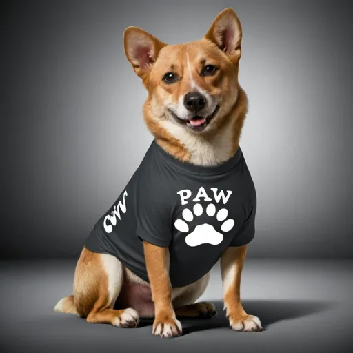 Prompt: realistic image of dog wear tshirt of of brand name paw, brand logo paw --c 75