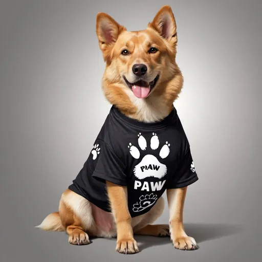 Prompt: realistic image of dog wear tshirt, brand name paw, brand logo paw --c 75