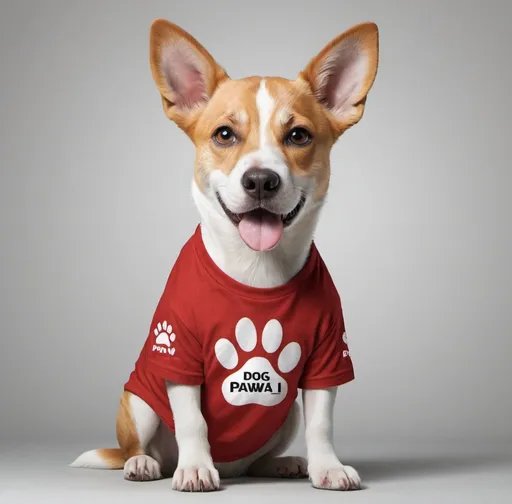 Prompt: create a realistic image of dog that wear a tshirt of brand, brand name paw and the brand logo is dog paw