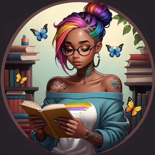 Prompt: In a circle, cartoon girl reading book, dark skinned, rainbow hair, Loc’d,  off the shoulder sweater, tattooed. Butterfly