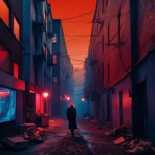 Prompt: synth wave retro city backdrop, 3D deep immersive but Analog film photography still, grainy Fujifilm film, <mymodel>Minimalist, """sharp eyes, symmetrical face in motion candid shot, tall """ vertical alleyway, red-lit ominous light fills the dark blue sky at night, dense fog, broken, depth of field, Orange light from abandoned and destroyed windows shines through creating a gradient, street lamps emitting  purple light accentthe gradient, futuristic, deconstructivism architecture,  silhouette, straight lines, flat, gloomy environment heavy fog