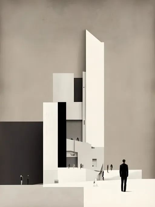 Prompt: <mymodel>electric shift filter of a random color Minimalistic highly layered collage relating to the concept of architectural tectonics, simple lines, collage textured paper monochromatic color scheme, blonde haired tall man who is fit standing or interacting somehow with the building, clean and uncluttered composition, lots of negative space, high contrast, minimalist style, black and white, simple shapes, high quality, minimalism, clean design, serene crisp white background, drawn on white card stock, highly considered, 