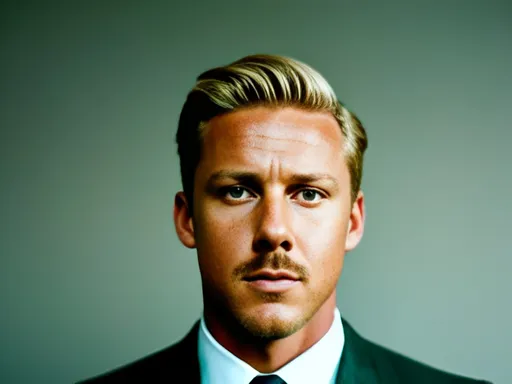 Prompt: Tall blonde man in modern professional attire with a slight grin on his face and in his eyes, soft lighting, photorealistic, cinematic, polaroid style, detailed facial features, sharp suit, sophisticated look, high quality, soft shadows, realistic textures, skin pores, professional style, cinematic mood, photorealism, modern fashion, clean and crisp, realistic lighting