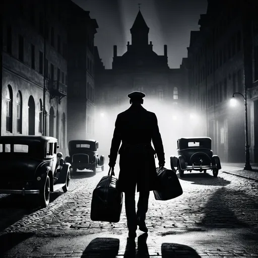 Prompt: s man standing with a single 
leather duffle his silhouette oof haunted cityscape in photorealism style, 1929, ominous silhouette lighting, shot on 70mm film, German expressionism, detailed architecture, eerie atmosphere, haunted buildings, vintage cars, desolate streets, foggy ambiance, photorealistic, 1920s, noir, cinematic lighting