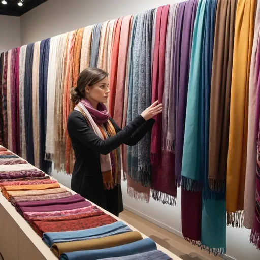 Prompt: A person standing in front of a display of various scarves, thoughtfully examining and choosing between different options. The scene shows a range of scarves in various fabrics and colors, with the person looking at the choices with a focused expression. The background is a well-lit store or display area with a clean, organized look."