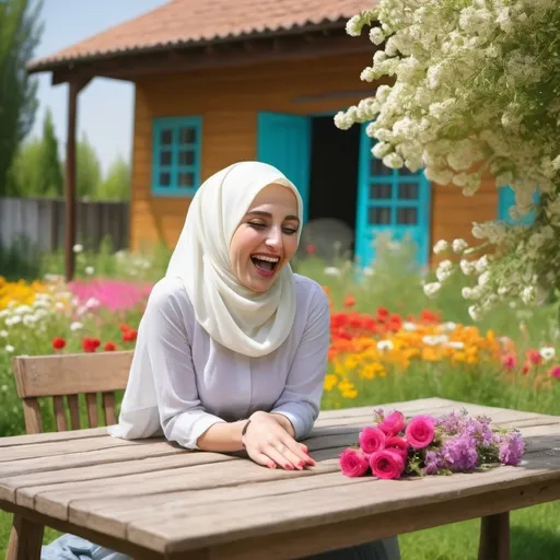 Prompt: blond white scene woman wife here wearing hijab, in a beautiful yard fool of flowers, in colorful bloos are laughing around a wooden table 