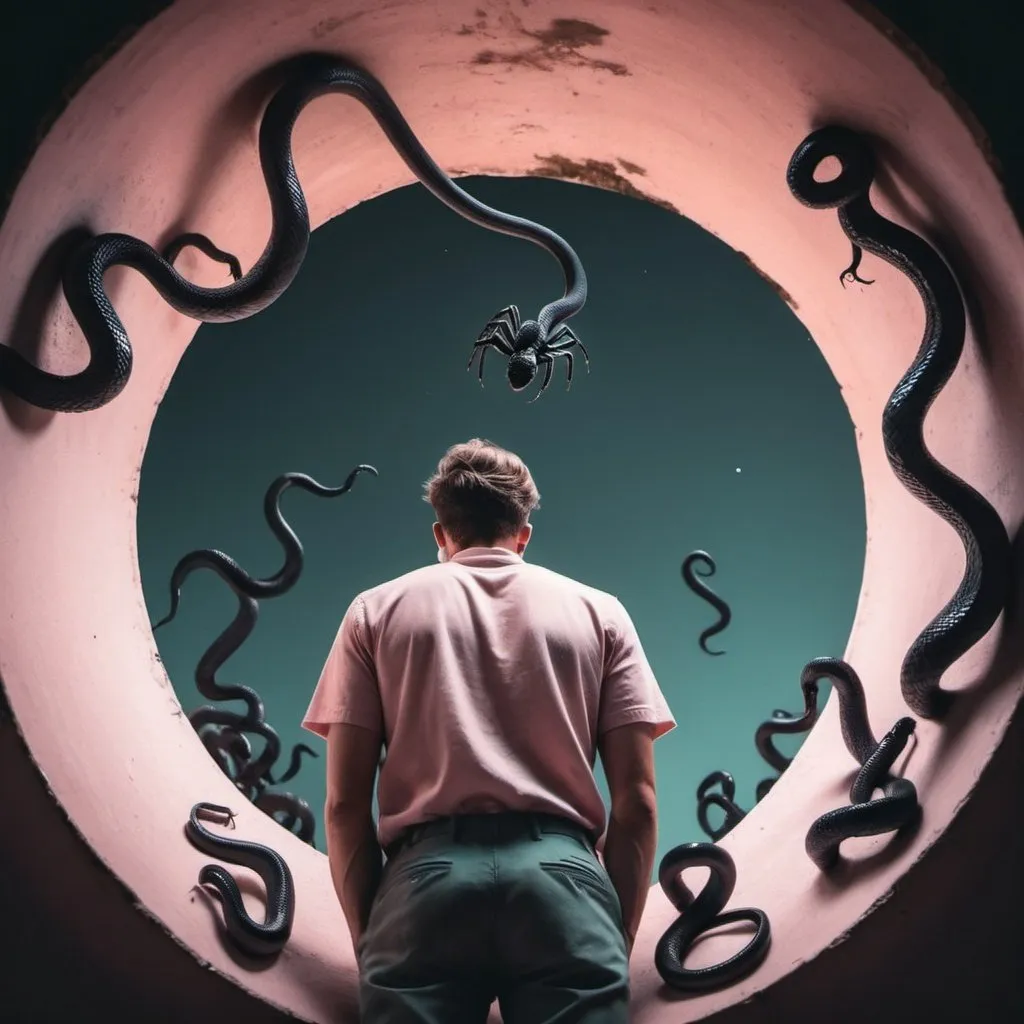 Prompt: Create an Instagram cinematic image pastel colors of a man setting in the bottom of a well looking up. He is sad. At night. There are black snakes and spiders.