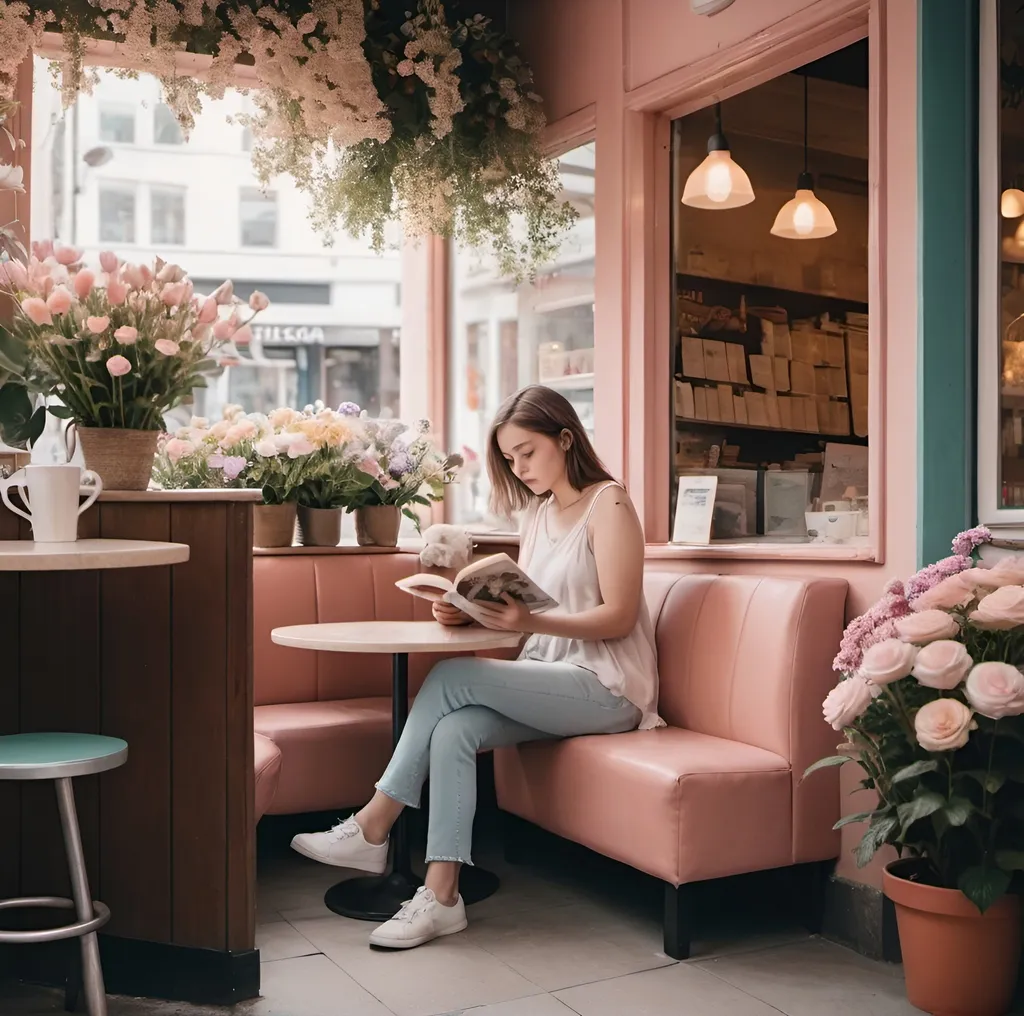 Prompt: A women reading at the corner of a coffeeshop alone, surrounded by flowers. She is inside the coffeeshop. The photo looks cinematic with pastel colors