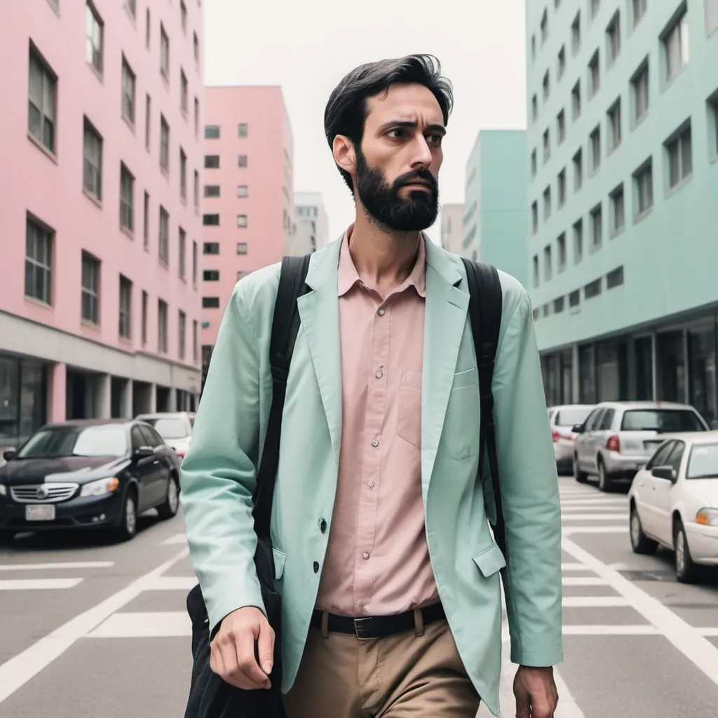 Prompt: Pastel colors Instagram photo post secuare of a depressed tall man going to work. It should as if painted and abstracted a bit. The man has a black hair and tanned with a beard. 