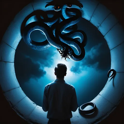 Prompt: Create an Instagram cinematic image blue shades colors of a man setting in the bottom of a well looking up. He is sad. At night. There are black snakes and spiders. 