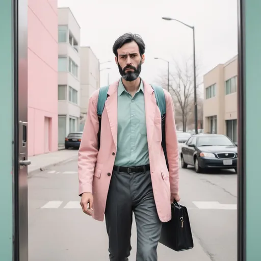 Prompt: Pastel colors Instagram photo post secuare of a depressed tall man going to work. It should as if painted and abstracted a bit. The man has a black hair and tanned with a beard. 