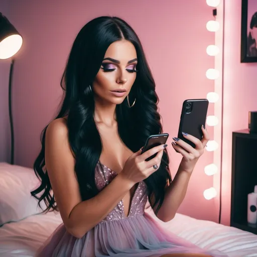 Prompt: A female influencer in her bedroom facing  her phone streaming. She is wearing a lot of make up and a hot dress. She has black long hair. Pastel colors and cinematic  atmosphere. Lighting on her.