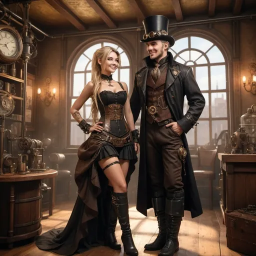 Prompt: (photorealistic), a man and a woman dressed in a steampunk inspired outfit, she is the center of attention , (she is wearing a long dress black wedding dress) and (long overknee boots), (smiling) with (long blonde hair) in a ponytail, warm ambient lighting illuminating her face, soft shadows accentuating her features, detailed room decor, inviting atmosphere, (highly detailed), sense of joy and tranquility, ultra-realistic setting, (8K resolution). It all should have a steampunk theme. Scene a fanatasy post-appocaliptic world