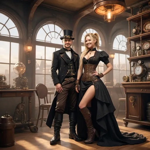 Prompt: (photorealistic), a man and a woman dressed in a steampunk inspired outfit, she is the center of attention , (she is wearing a long dress black wedding dress) and (long overknee boots), (smiling) with (long blonde hair) in a ponytail, warm ambient lighting illuminating her face, soft shadows accentuating her features, detailed room decor, inviting atmosphere, (highly detailed), sense of joy and tranquility, ultra-realistic setting, (8K resolution). It all should have a steampunk theme. Scene a fanatasy post-appocaliptic world