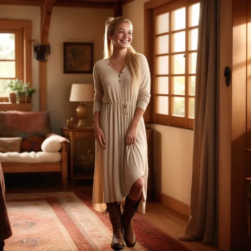 Prompt: (photorealistic), a woman standing in a cozy room, (long dress) and (long boots), (smiling) with (long blonde hair) in a ponytail, warm ambient lighting illuminating her face, soft shadows accentuating her features, detailed room decor, inviting atmosphere, (highly detailed), sense of joy and tranquility, ultra-realistic setting, (8K resolution).