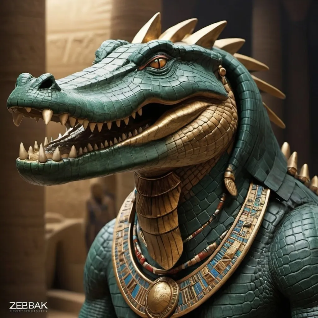 Prompt: Zebak the giant ancient Egyptian crocodile god, realistic, pharaoh
