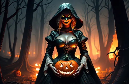 Prompt: (female jack o' lantern), dressed in (leather and rags), surrounded by (bonfire) and (wildfire), within a (dark forest at night), featuring a (fantasy style), embracing a (dark color scheme), (horror scheme), (atmospheric lighting), (mysterious ambiance), (highly detailed), captivating scene that evokes intrigue and aesthetic depth.