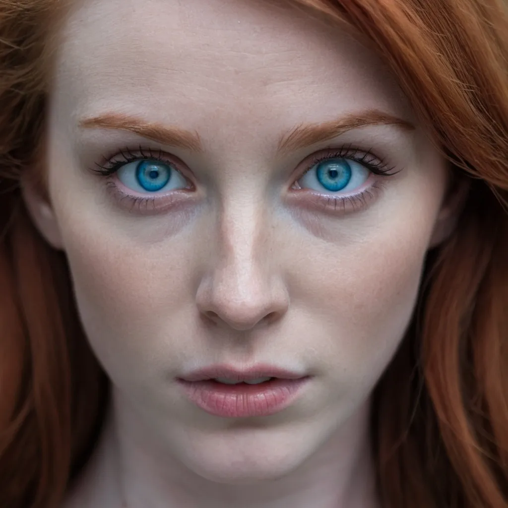 Prompt: Close up face shot of a redheaded female with blue eyes, but slightly demonic