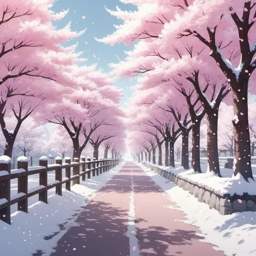 Prompt: Anime snowy road with cherry trees, traditional 2D animation, white and pink color tones, soft snow falling, elegant cherry blossoms, detailed character design, peaceful and serene atmosphere, high quality, detailed anime style, snowy landscape, traditional art style, calm and soothing lighting
