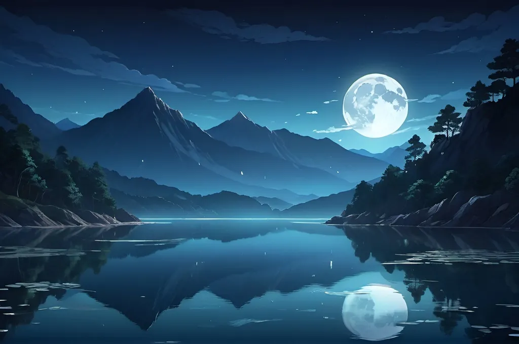 Prompt: Calm anime illustration of a serene lake at night, majestic mountains in the background, moonlit reflections on the water, anime, serene, mountains, lake, night, moonlit, peaceful, detailed landscape, highres, cool tones, anime, detailed scenery, atmospheric lighting