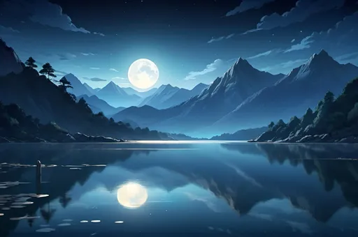Prompt: Calm anime illustration of a serene lake at night, majestic mountains in the background, moonlit reflections on the water, anime, serene, mountains, lake, night, moonlit, peaceful, detailed landscape, highres, cool tones, anime, detailed scenery, atmospheric lighting