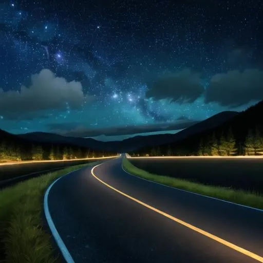 Prompt: Night road under clear starry sky, realistic oil painting, serene atmosphere, cool tones, high quality, detailed stars, peaceful and tranquil, scenic beauty, scenic beauty, atmospheric lighting