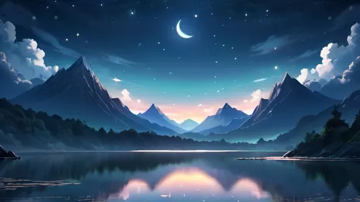 Prompt: anime, beautiful night sky landscape, highres, ultra-detailed, scenery, stars, moonlit, serene, tranquil, anime style, cool tones, detailed, atmospheric lighting, majestic mountains, sparkling stars, crescent moon, serene lake, silky clouds, peaceful, best quality