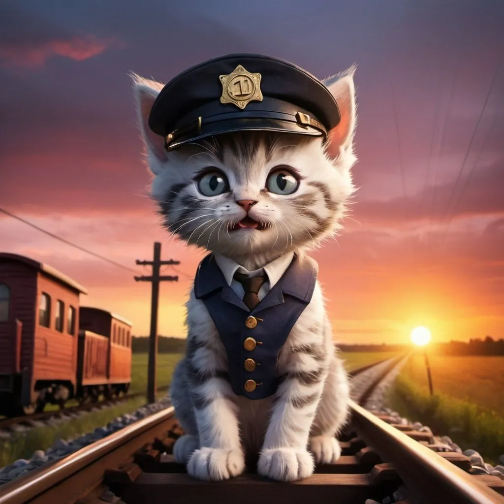 Prompt: Evil Little Kitten is a train conductor driving through the country side. On a beautiful sunset.