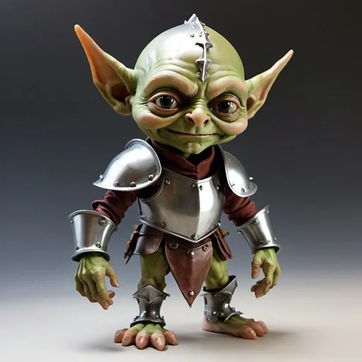 Prompt: Make a devious little goblin with a fresh suit of armour.
