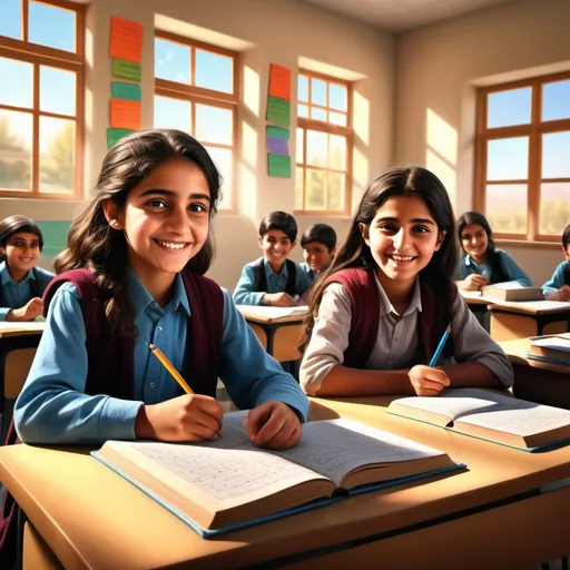 Prompt: (photorealistic) scene of a classroom, two Afghan students (14 years) studying math together, a boy and girl focused on their books, a smiling teacher observing them warmly, bright and cheerful atmosphere, vibrant colors, detailed facial expressions of curiosity and joy, desks with school supplies, sunlight filtering through the windows, ultra-detailed, HD quality illustration.