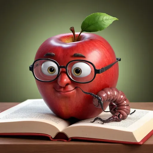 Prompt: 
A red apple. This is big. He has glasses. He is reading a book. There is a worms on the apple. The worms is on your glasses.