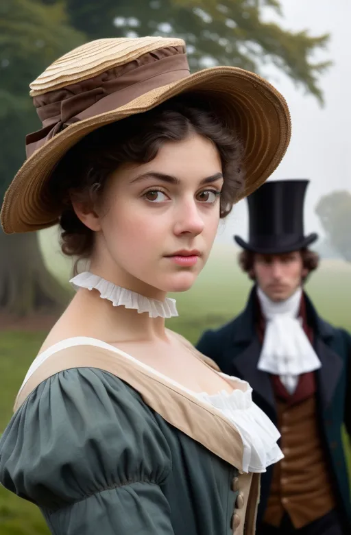 Prompt: Regency time period. Misty English countryside. A Young woman with short brown curls and a regency straw bonnet in the foreground. Dark haired man in a morning coat in the background, gazing longingly at the young woman. Photorealistic