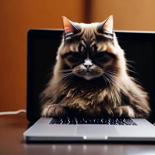 Prompt: Grumpy Tecnhology Cat holding a macbook pro