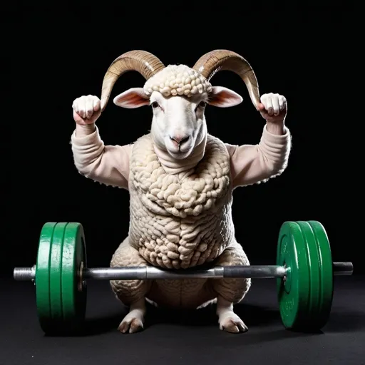 Prompt: Eid sheep practicing CrossFit with black background