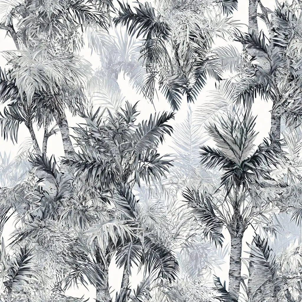 Prompt: Seamless jungle palm tree 
pattern in greyscale 