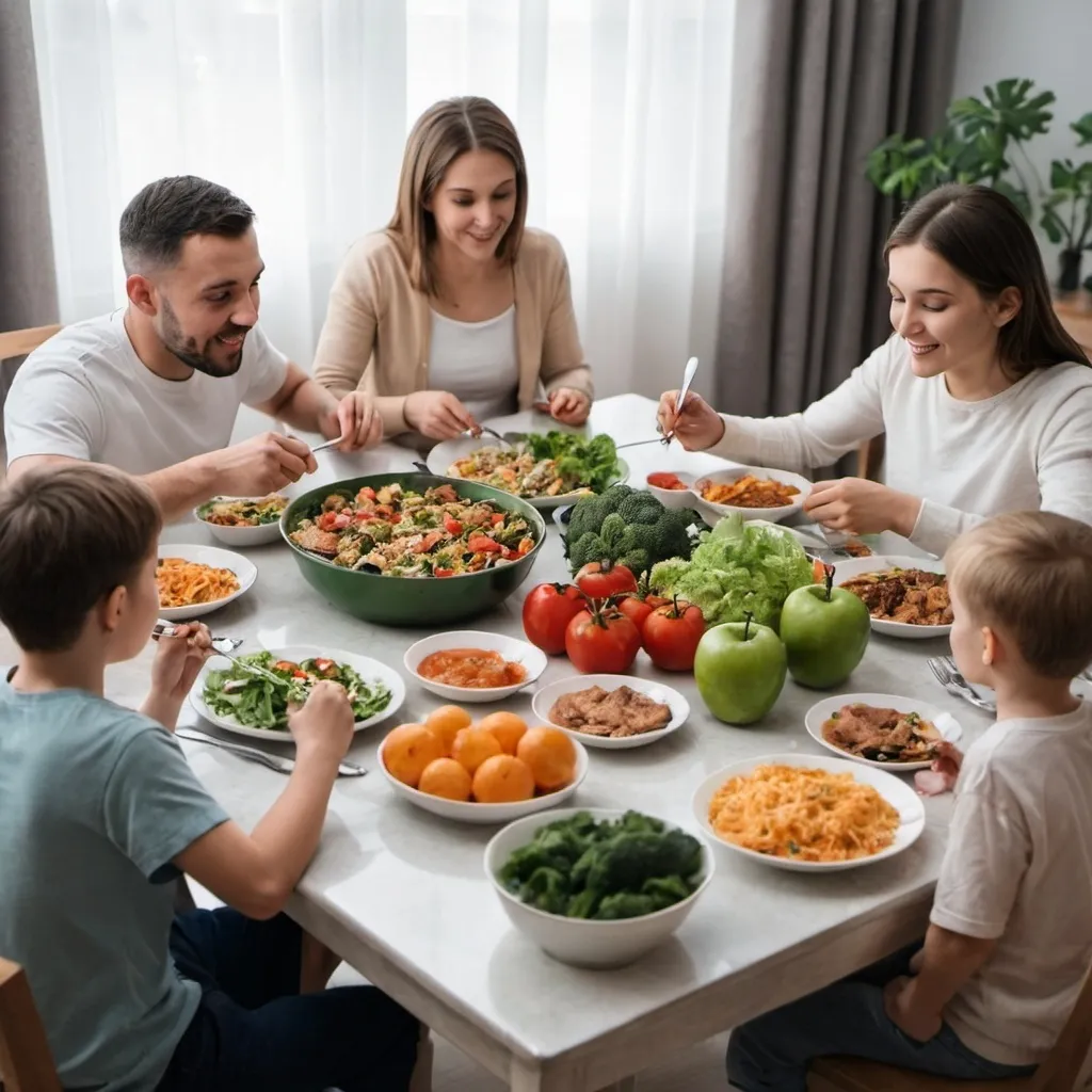 Prompt:  family members is sittingat the table and eating  healty food