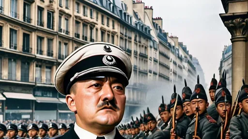 Prompt: Make adolf hitler railing the asians to invade paris
