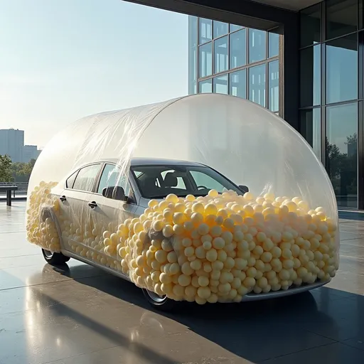 Prompt: a car protected by a huge pop-corn-like bubble protection