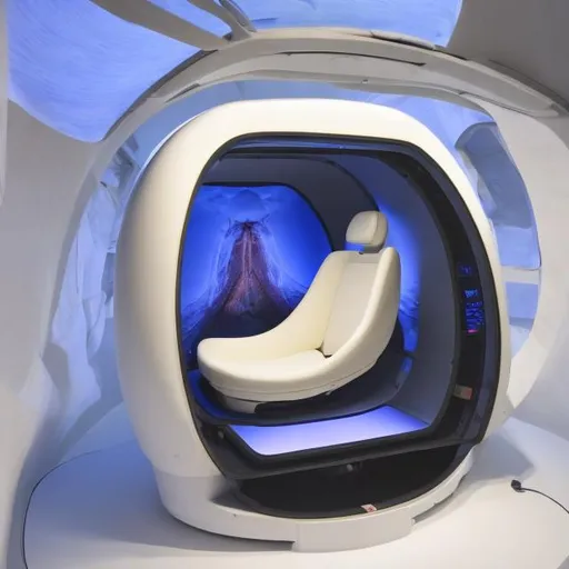 Prompt: A cross section of a pod with a person leaning back in a fitted seat inside, watching a projection with medical information on the roof of the inside of the pod.