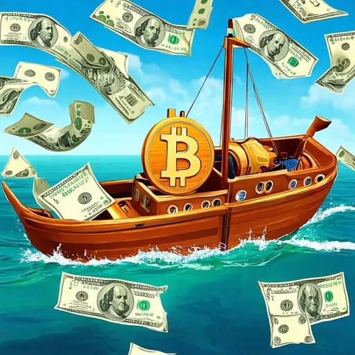 Prompt: Bitcoin riding on a boat and crashing into one dollar bills 