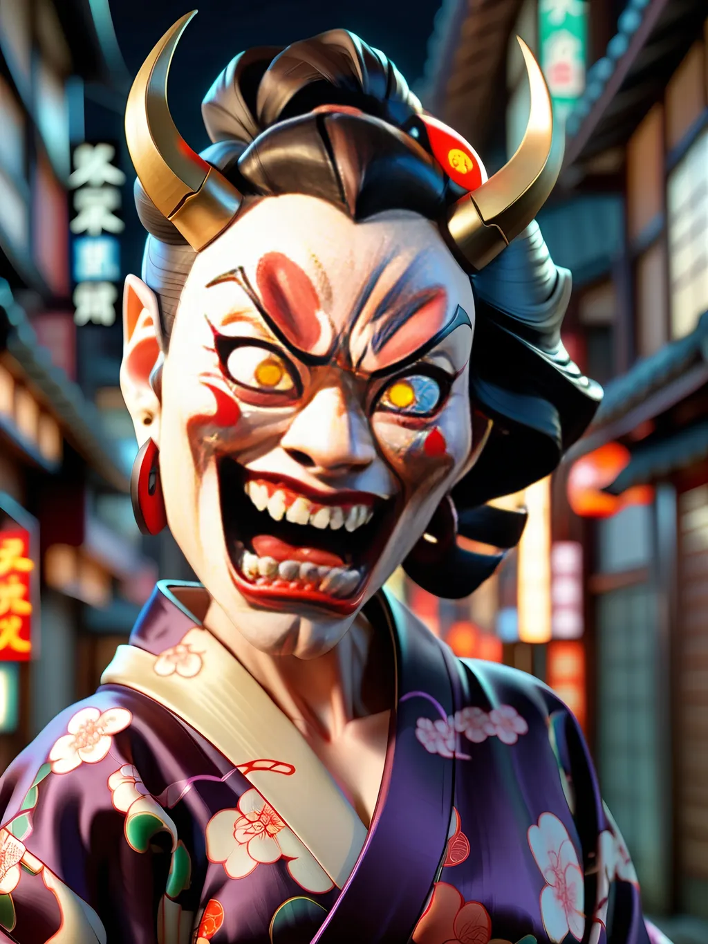 Prompt: Hannya mask-inspired wooden-face woman, seething rage, modern city street at night, traditional gold and cream silk kimono, intense and furious expression, urban setting, detailed facial features, highres, intense lighting, modern urban, fierce, traditional clothing, rage, angry, cyberpunk atmosphere, professional quality